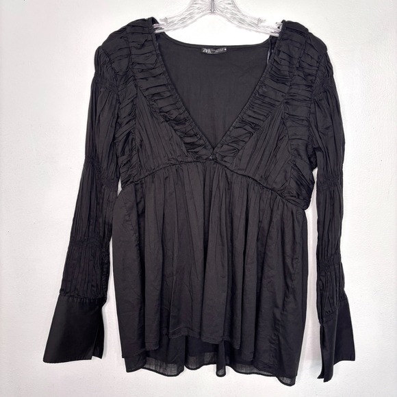 Zara Tops - Zara Blouse Medium Black Ruched Deep V-Neck Balletcore Babydoll Cottage Chic